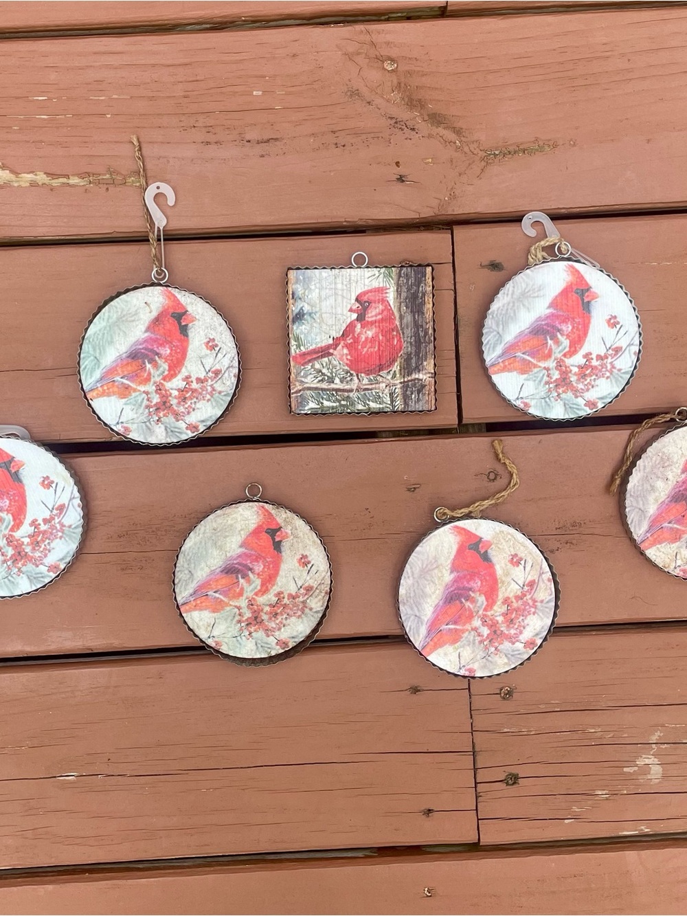 Cardinal Bird Wood Slice Ornaments - Set of 7